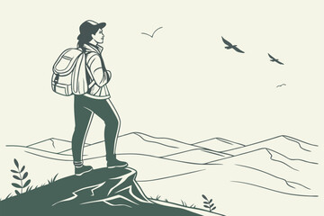 Fototapeta premium A minimalist vector illustration of a traveler with a backpack standing on a mountain peak, looking at a vast landscape, with birds flying in the background