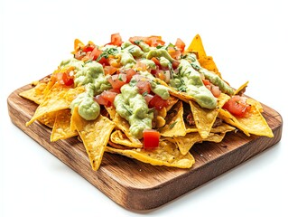 Serving of Nachos on Wooden Board with Guacamole and Tomatoes