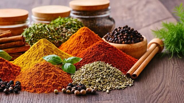 Colorful spices and herbs on wooden table