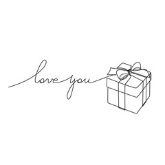 Hand written Love You romantic slogan lettering. One line continuous drawing. Gift box with ribbon bow, vector phrase, saying, calligraphy, text print, banner, card, sign, cartoon symbol.