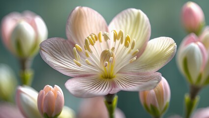 Fototapeta premium Soft, pale pink flower, delicate petals, showing pistil, stamens, and buds