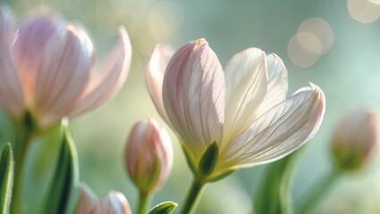 Fototapeta premium Soft pink crocus flowers in gentle sunlight. Delicate petals glow. Bokeh background