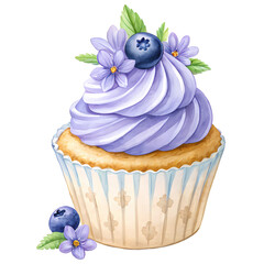 Blueberry cupcake with blueberries and flowers isolated watercolor illustration. 