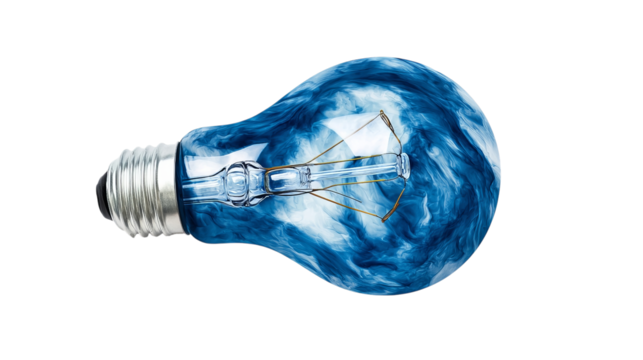Png of An artistic blue-themed light bulb showcasing a swirl pattern, combining functionality with creativity on transparent background.