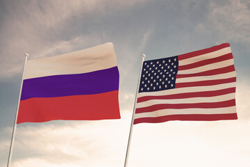 Relations between the countries of the United States of America USA and RUSSIA represented by the concept of two flags waving against a cloudy sky.3d render.