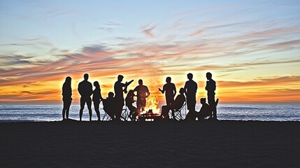 Silhouetted people around a beach campfire, against a colorful sunset sky