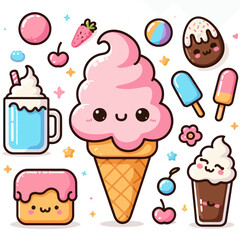 A cartoonish drawing of a pink ice cream cone with a cherry on top