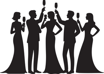 Silhouettes of people celebrating with champagne glasses