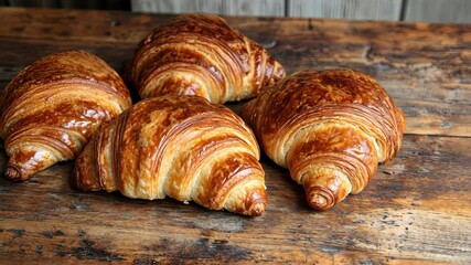 A close-up of freshly baked croissants on a rustic wooden table digital