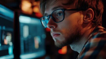 Young Man Edits Video on Computer with Multiple Screens Wearing Glasses Indoors