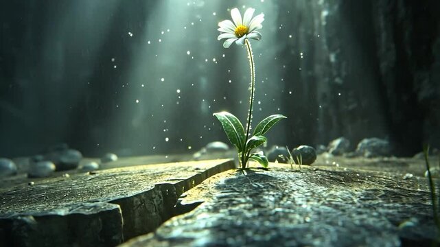 Single daisy growing through crack in stone forest
