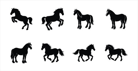A set of eight Shire horse vector silhouette designs. Simple collection. Isolated bundle on white background.