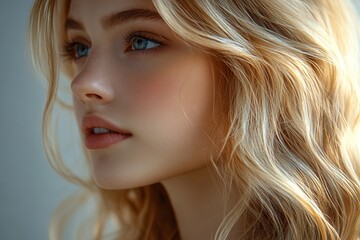 Naklejka premium Close-up portrait of a woman with long, cascading blonde hair and soft makeup, showcasing her profile and natural beauty