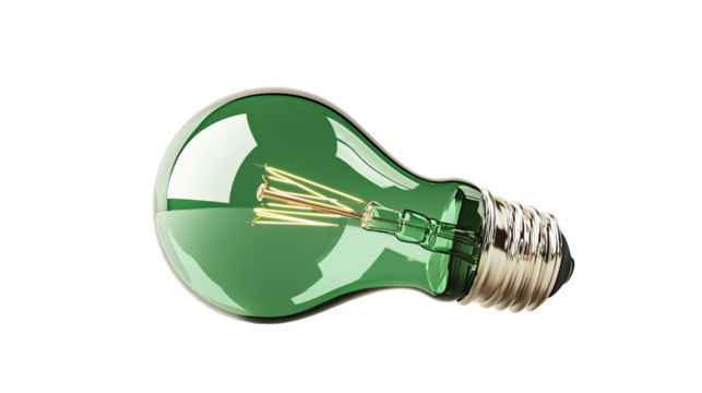 Png of A vibrant green incandescent light bulb, symbolizing creativity and innovation on transparent background.