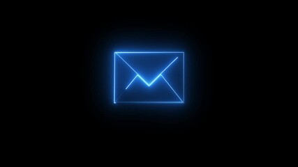 Blue color  neon mail envelope icon animated on black background. glowing neon Mail envelope, incoming mail ,ANIMITION..