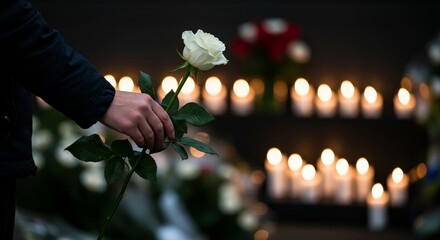 Mourner holding a white rose at a candlelight memorial  