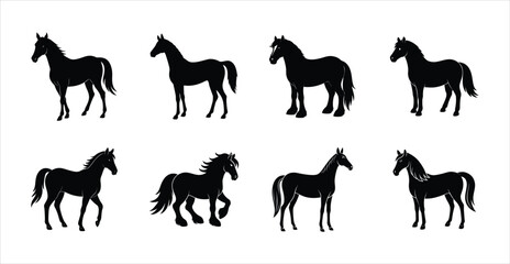 A set of eight horse vector silhouette designs.