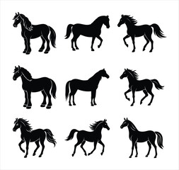 A set of nine horse vector silhouette designs. Simple collection. Isolated bundle on white background.