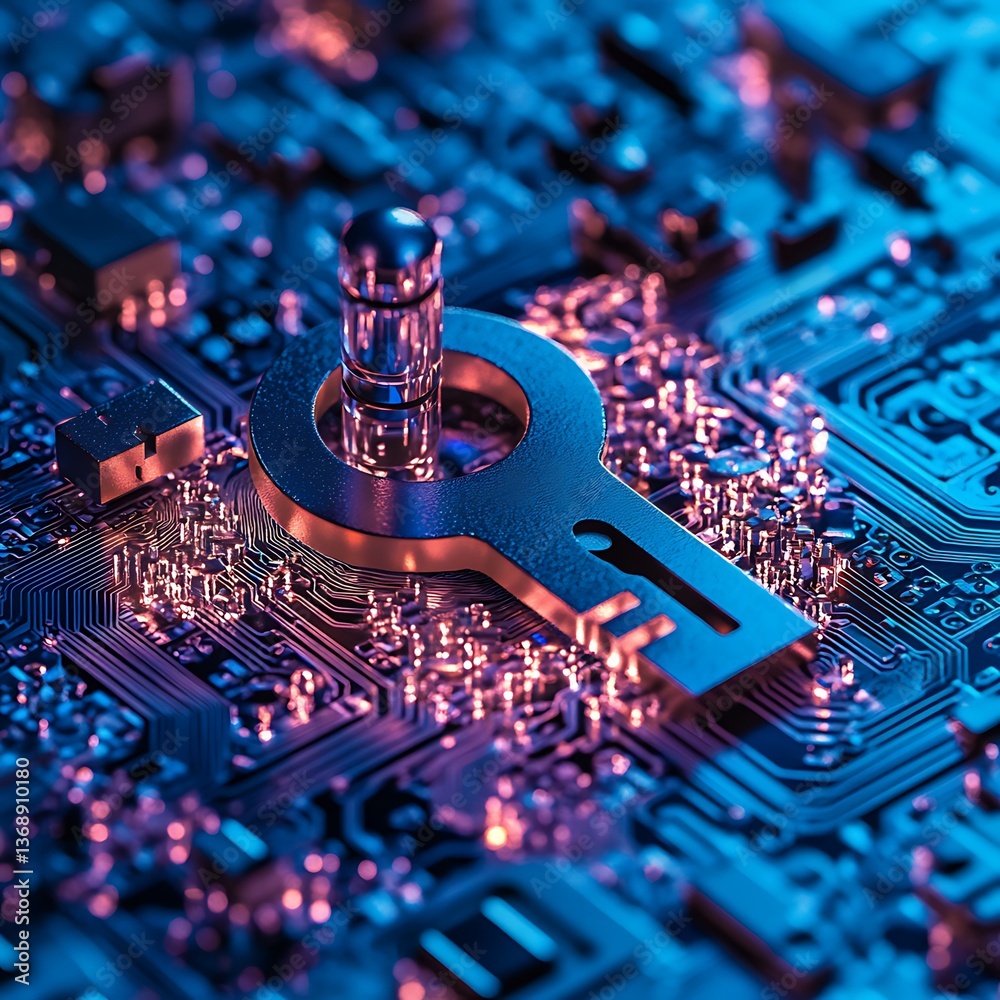 Poster digital security key on circuit board. close-up view of a metallic key shape positioned over complex