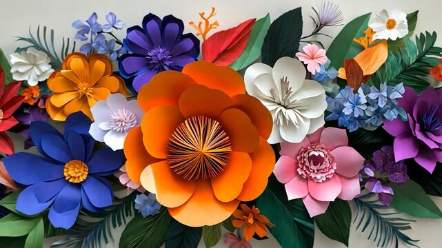 Colorful paper flower arrangement on a wall