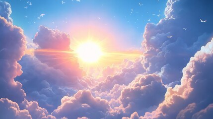A radiant sun cutting through fluffy clouds in a clear blue sky. 