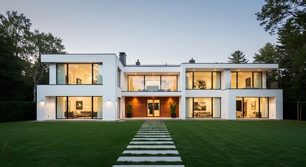Fototapeta premium Spacious contemporary home surrounded by lush greenery, featuring elegant architecture, large windows, and a bright, stylish exterior in a serene setting.