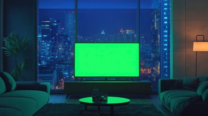 Modern living room at night with large green screen TV showcasing city view.