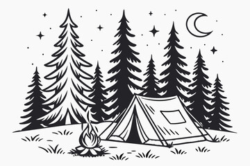 A clean and simple vector design of a cozy campfire in the middle of a dense pine forest, with a tent and a starry night sky in the background
