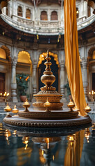Fototapeta premium Diwali product display podium background, Royal Palace Illuminatiom, golden carvings, traditional Indian palace courtyard, brass lamps, deepams, draped silk fabrics, flower bowls, shimmering candle