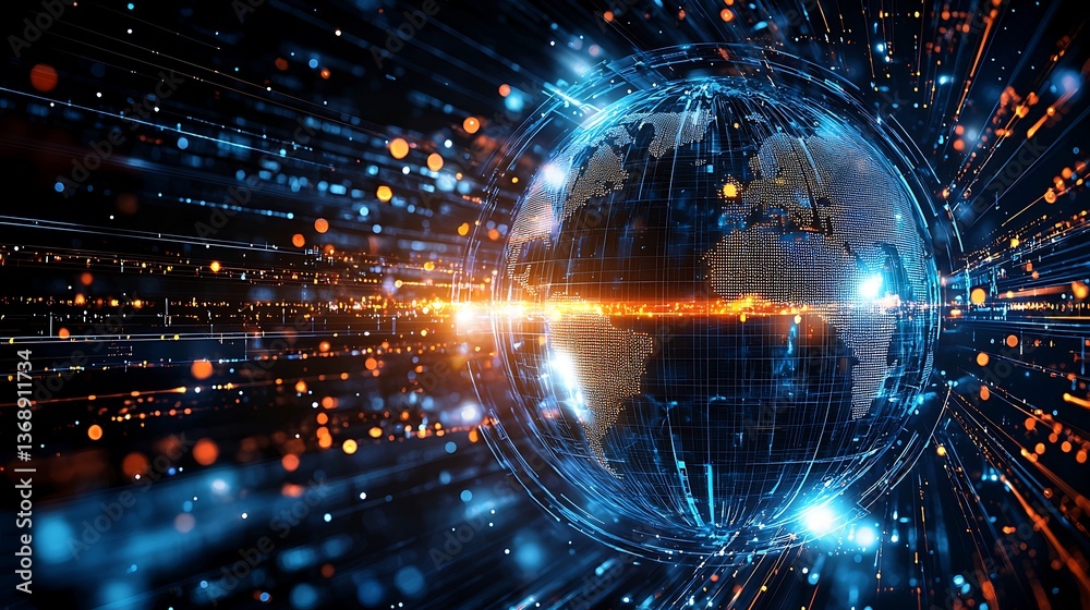 Poster global interconnectedness. a digital representation of the earth, surrounded by a network of data st