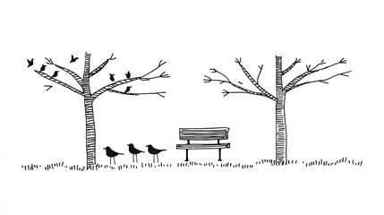 Simple winter park scene with birds and bench