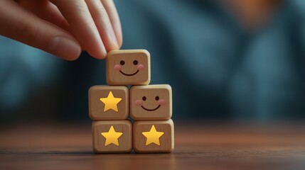 Hand placing happy faces and stars on wooden blocks