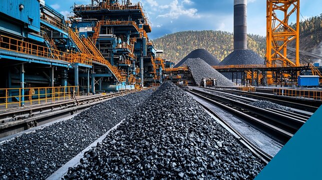 Coal mining plant, mountain backdrop, railway transport, industrial production