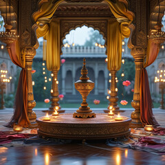 Obraz premium Diwali product display podium background, Royal Palace Illuminatiom, golden carvings, traditional Indian palace courtyard, brass lamps, deepams, draped silk fabrics, flower bowls, shimmering candle