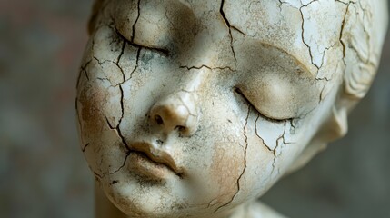 Close-up of a cracked, aged, porcelain doll head, eyes closed, serene expression.