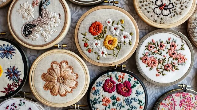 Embroidered hoop art display on lace tablecloth