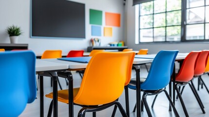 Colorful classroom desks and chairs, bright room, learning