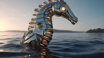 AI GENERATE, A Robotic Seahorse  with sleek metallic design and glowing eyes,
