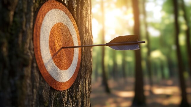 Arrow hitting target in tree, forest setting