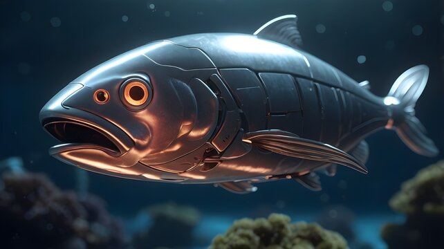 AI GENERATE, A robotic fish salmon under the sea with a sleek metallic design. - Powered by Adobe