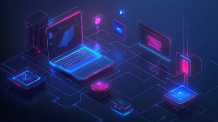 Futuristic digital network with glowing laptop, data, and server.