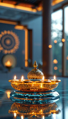 Navaratri product display background podium, Temple Meets Tech, glass, gold engraving, temple setting, bells and floating diya-shaped lights, traditional Indian motifs, ad, podium platform