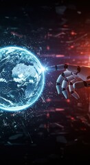 A cybernetic hand controls a glowing hologram of Earth, reflecting the power of technology in the world of the future