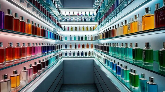 A perfume store with shelves filled with various scents and body care
