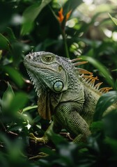 Fototapeta premium Green iguana in tropical jungle. Close-up of reptile head among leaves. Exotic wildlife, summer travel, and nature exploration concept. Costa Rica rainforest adventure.