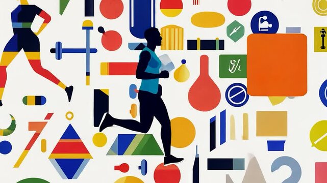 Colorful Fitness Icons, Running People, Diverse Exercise