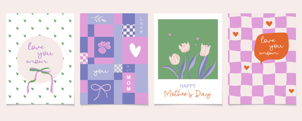 Happy Mother's Day cards set. Cute prints for mums. Vintage minimalist art design with flowers, hearts, bows, typography. Hand drawn vector illustrations.
