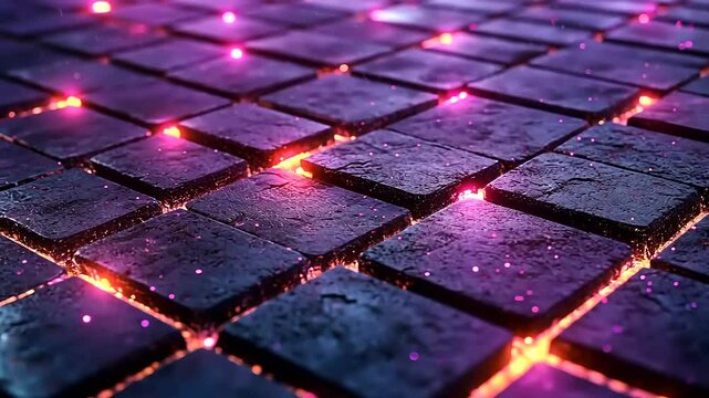 Vibrant illuminated cobblestone pathway with glowing edges in a mystical nighttime setting
