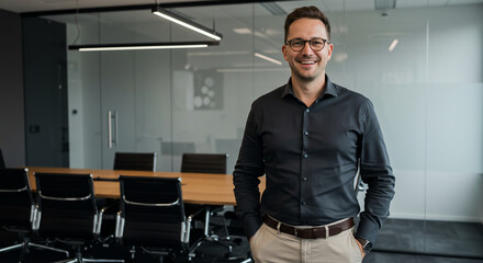 Smiling Businessman in Modern Office Environment