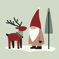 Gnome Tomte with Reindeer in Snowy Forest